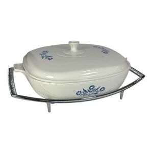 Vintage Corning Ware A-4 10" Square Blue Cornflower Casserole w/ Lid & Cradle